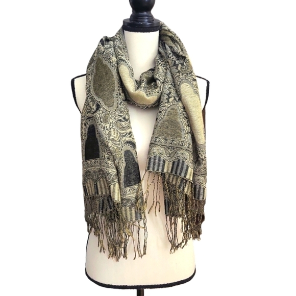 Pashmina Black & Sage Unique Paisley Print Fringed Cashmere & Silk Scarf Wrap - Picture 2 of 5